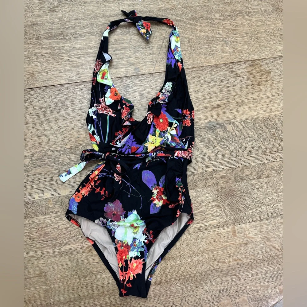 Anthropologie Allihop Ruffle Floral Halter Ruching Tie Waist One-Piece Swimsuit - Picture 3 of 16